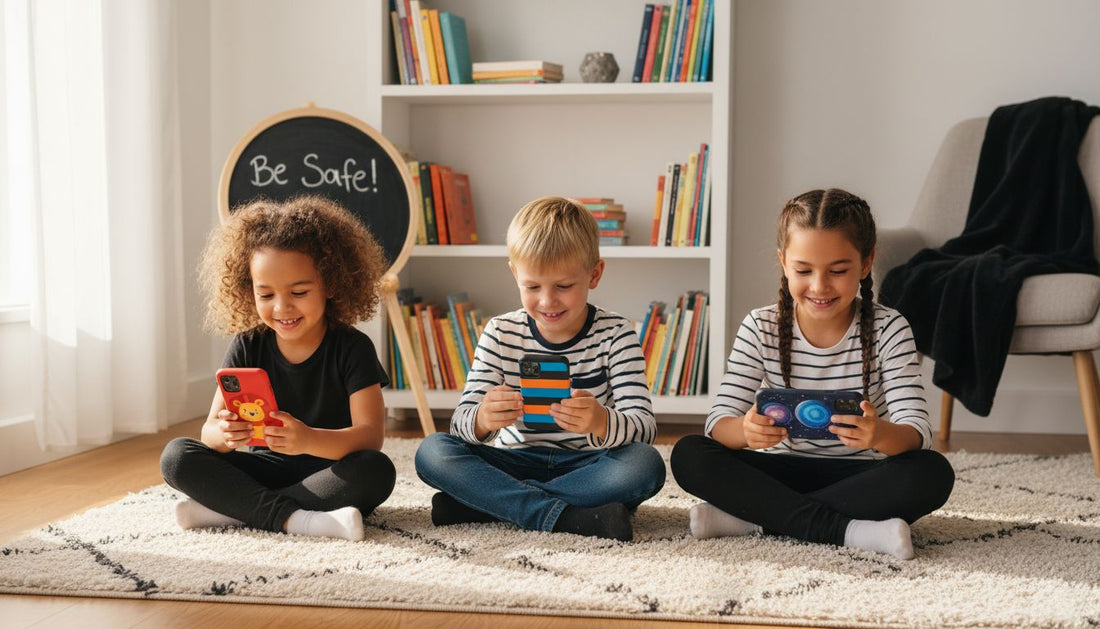 Children using phones with sturdy colorful cases