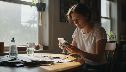 Woman cleaning phone case at kitchen table