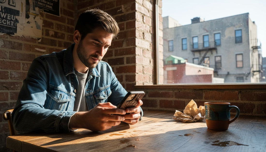 Person using textured phone case in cafe