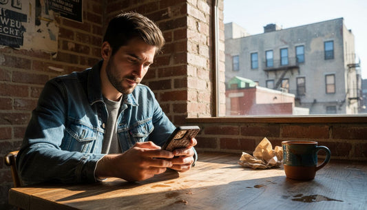 Person using textured phone case in cafe
