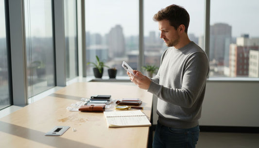 Man inspecting smartphone case at workbench