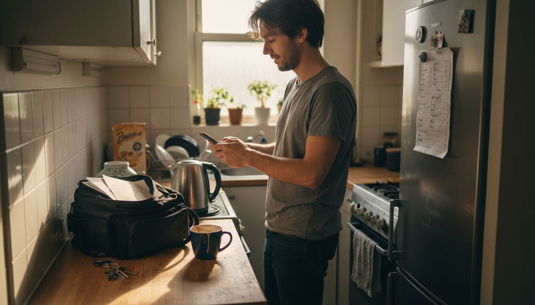 Man holding phone in kitchen, assessing drop risk