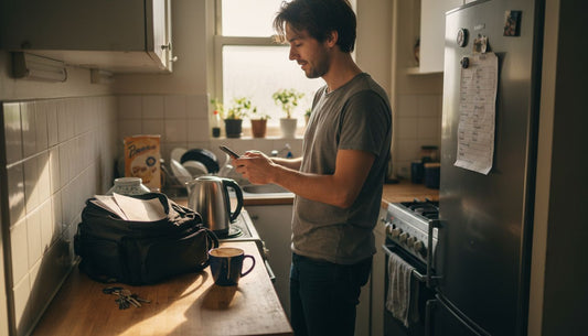Man holding phone in kitchen, assessing drop risk