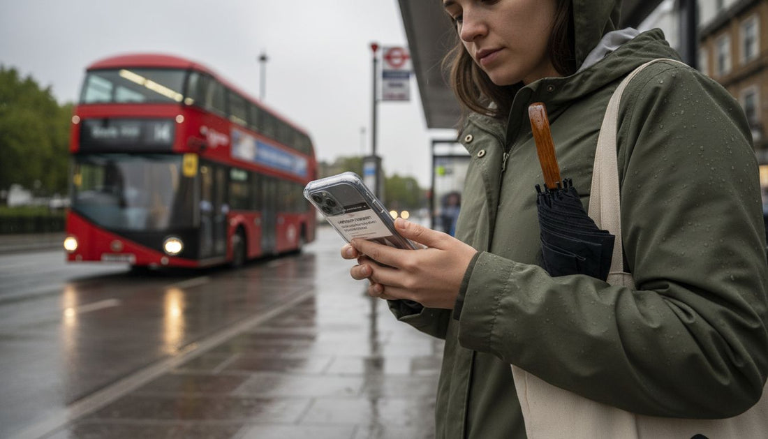 Woman using waterproof phone case at rainy bus stop