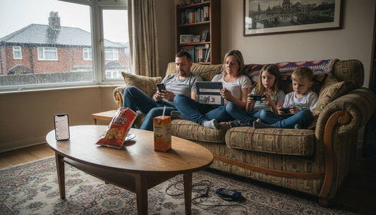 UK family using mobiles on sofa