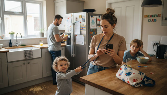 UK family using lanyard phone case in kitchen