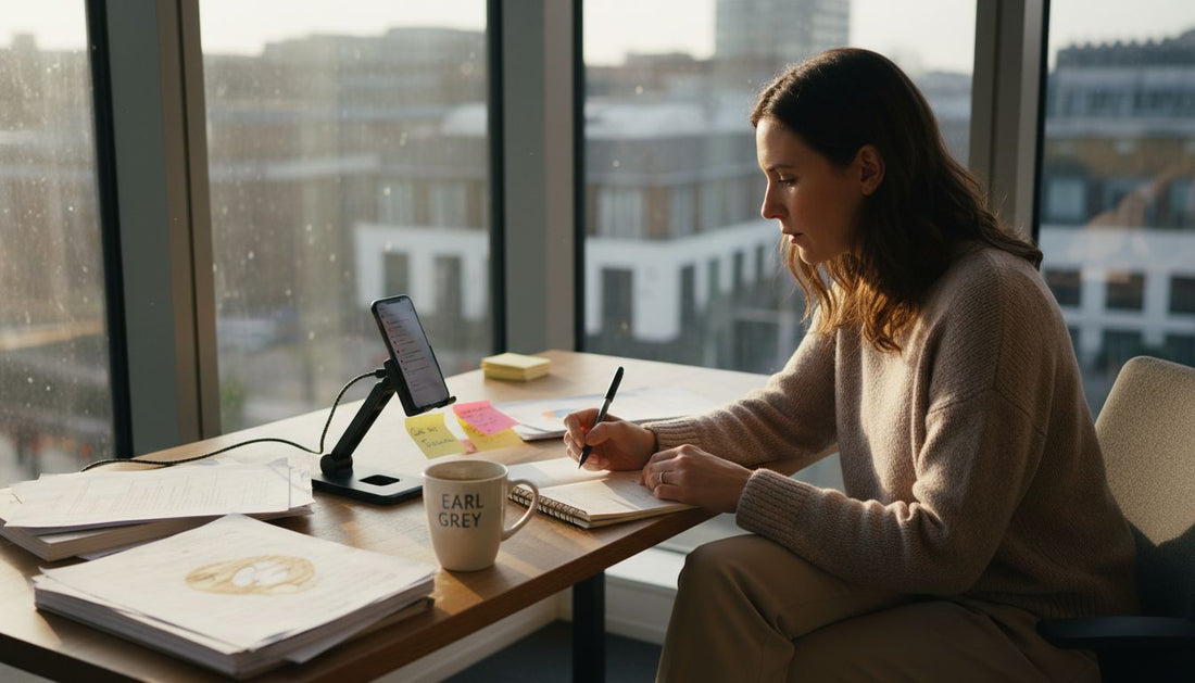 Woman using phone stand in sunny office