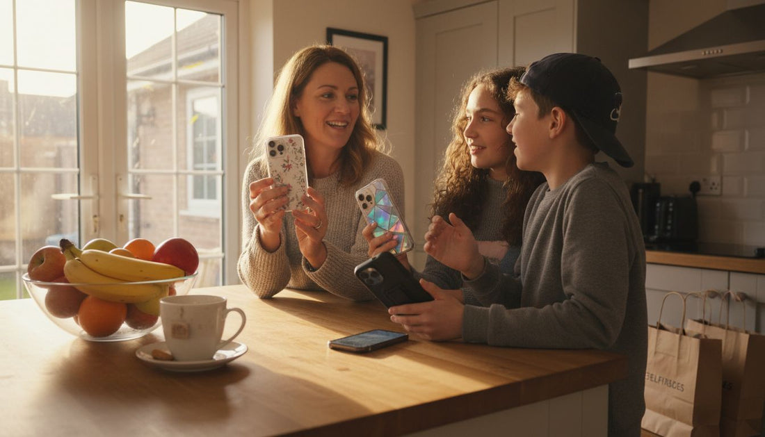 Family selecting colourful phone cases together