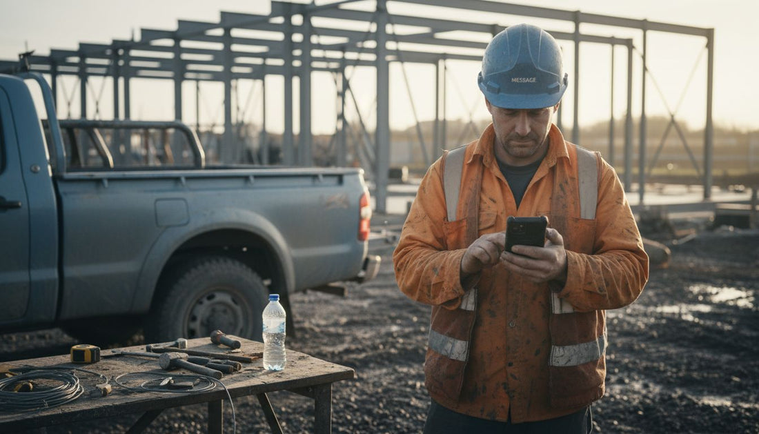 Worker using rugged phone case at job site