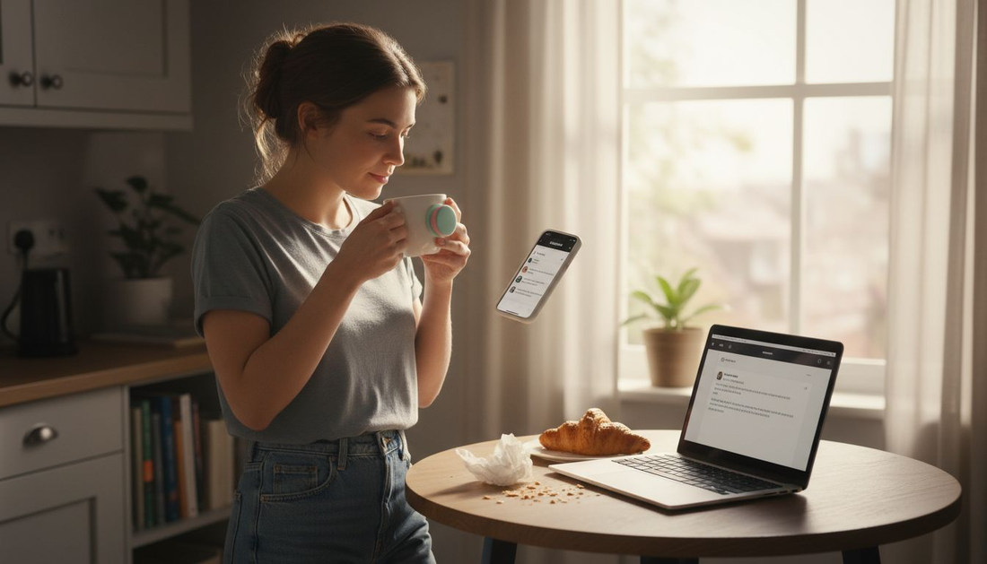 Woman using phone grip in kitchen