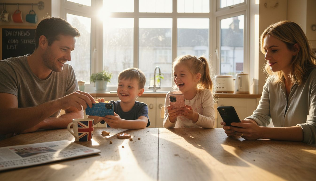 Family comparing magnetic phone cases at kitchen table