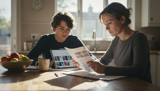 Parent and teen examine phone case terminology