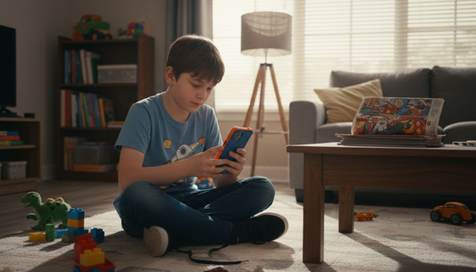 Child putting colorful case on smartphone