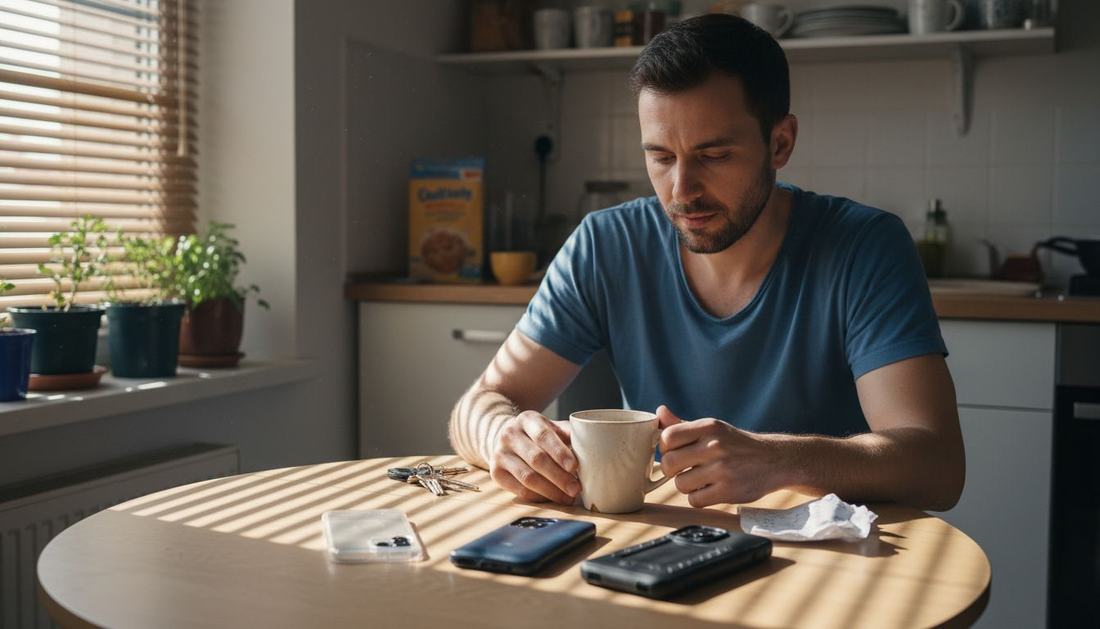 Man comparing phone cases at kitchen table