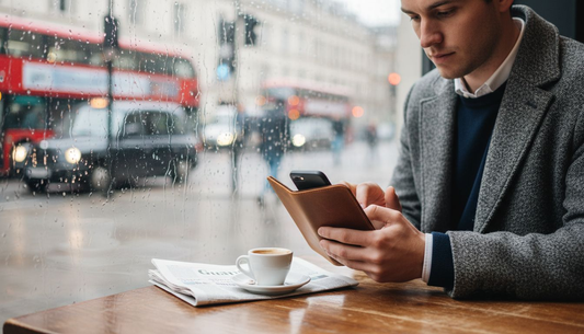 Man using phone with folio case in café