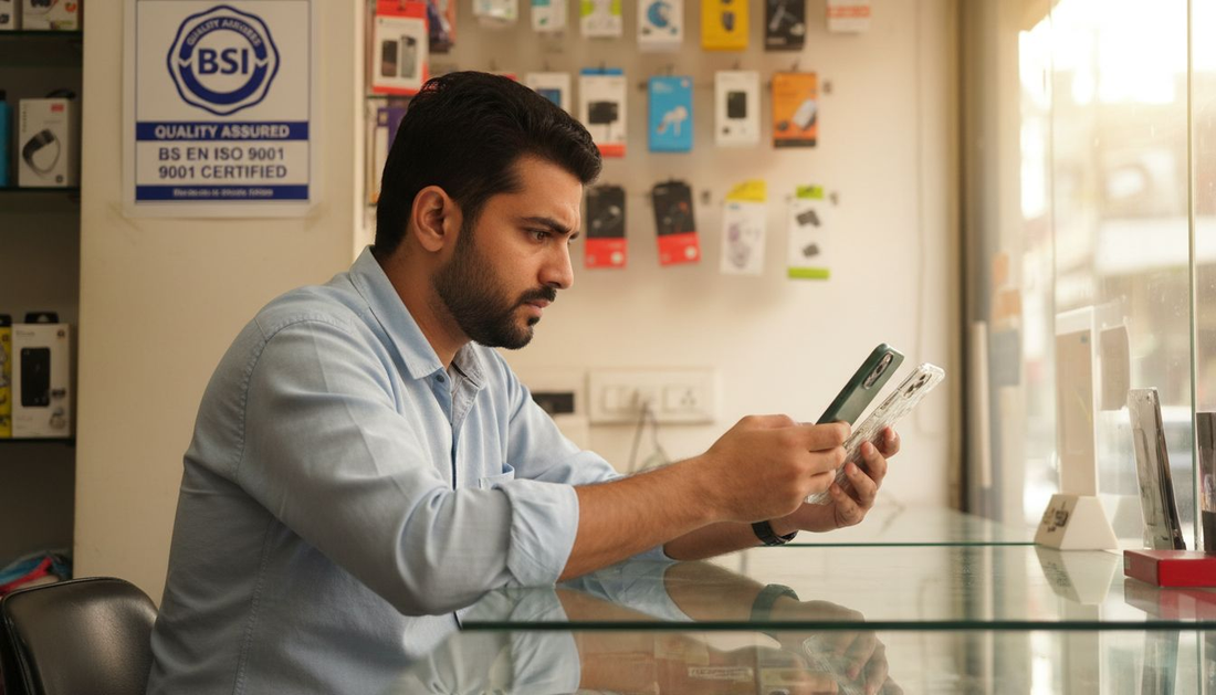 Man examining certified phone cases in shop