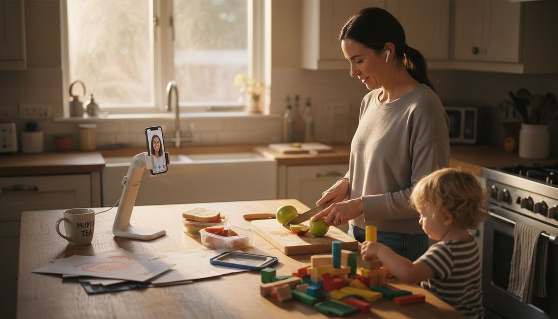 Parent multitasking with ergonomic phone holder in kitchen