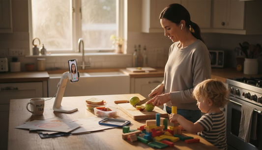 Parent multitasking with ergonomic phone holder in kitchen