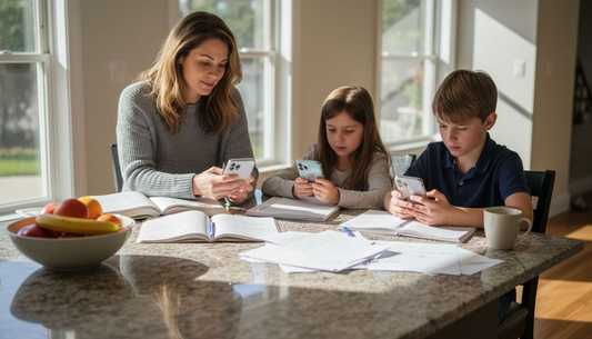 Family in kitchen using germ-free phone cases