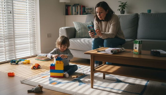 Mother uses phone in durable case near child
