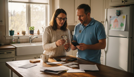 Parents choosing new phone case at kitchen