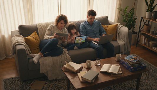 Family using devices in home living room