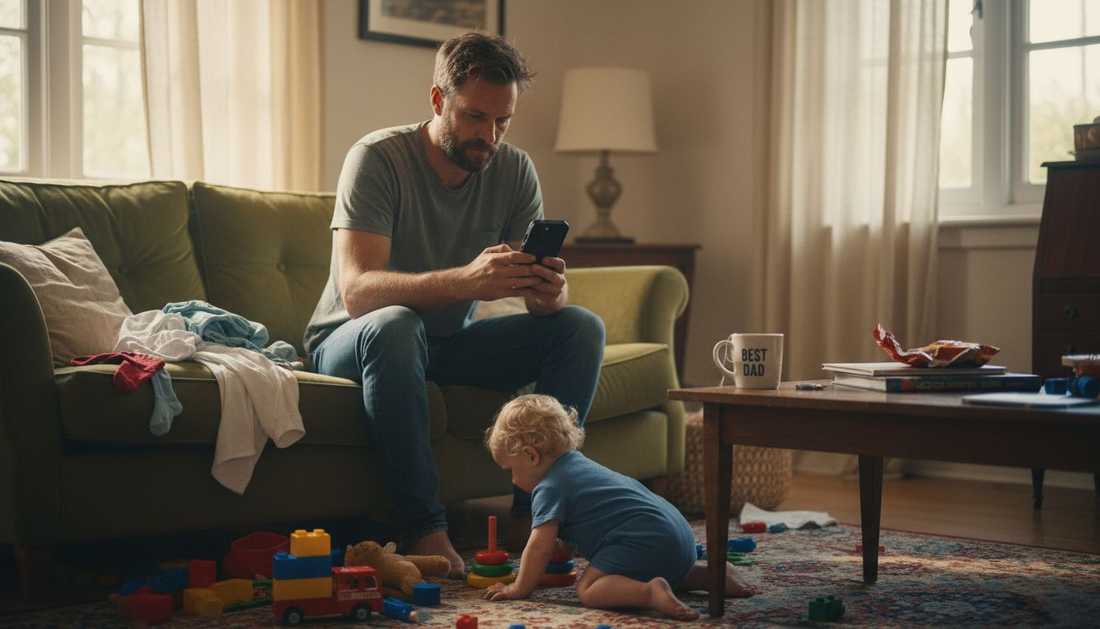 Parent using phone case in busy home