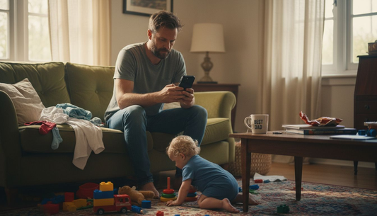 Parent using phone case in busy home