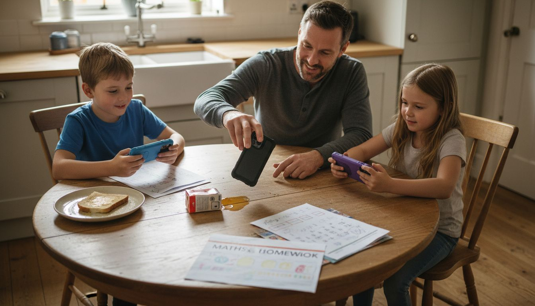 Family testing impact-resistant phone cases together