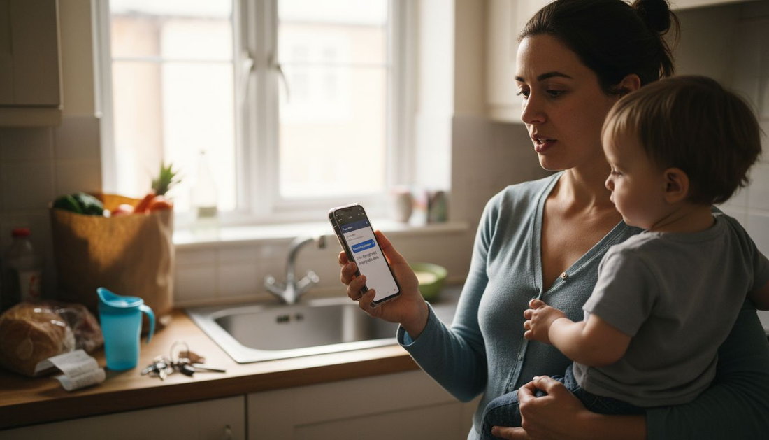 Active parent checks phone with slim case while holding toddler