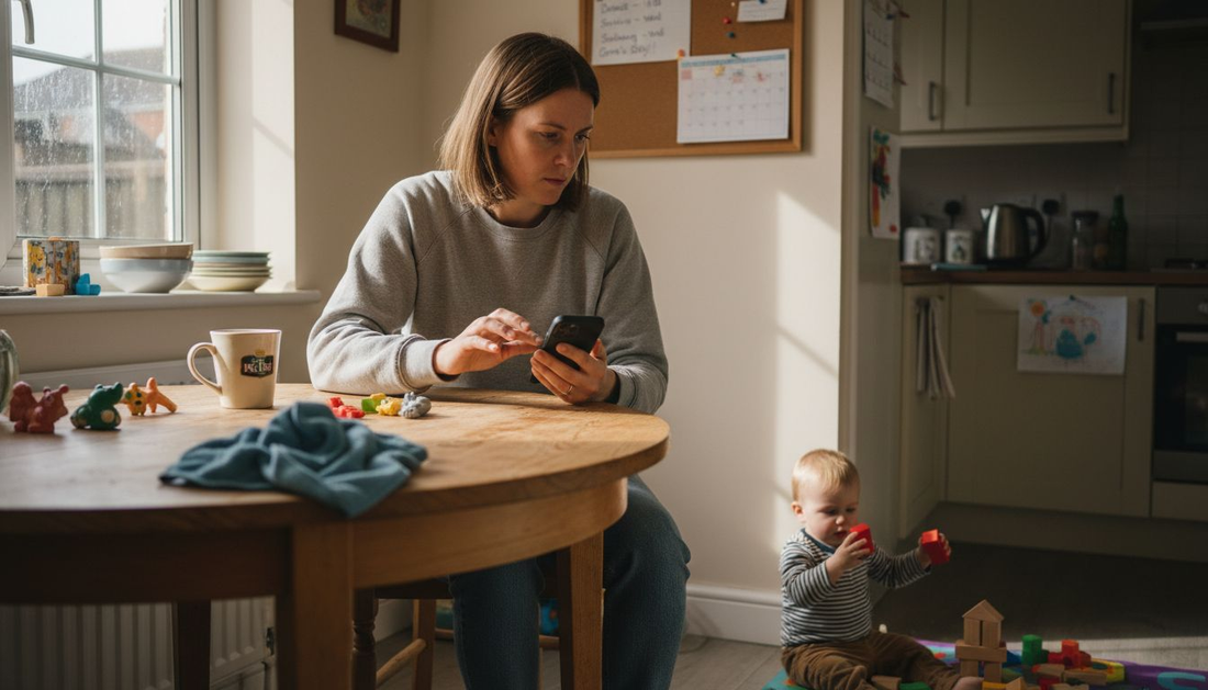 Parent replacing phone case at kitchen table
