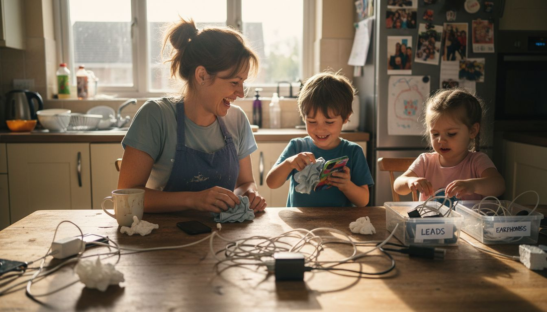 Family cleaning mobile accessories together