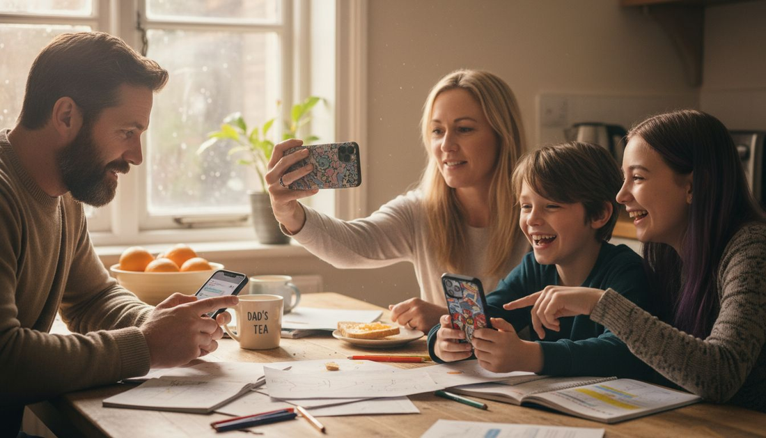 Family using phones with colorful skins