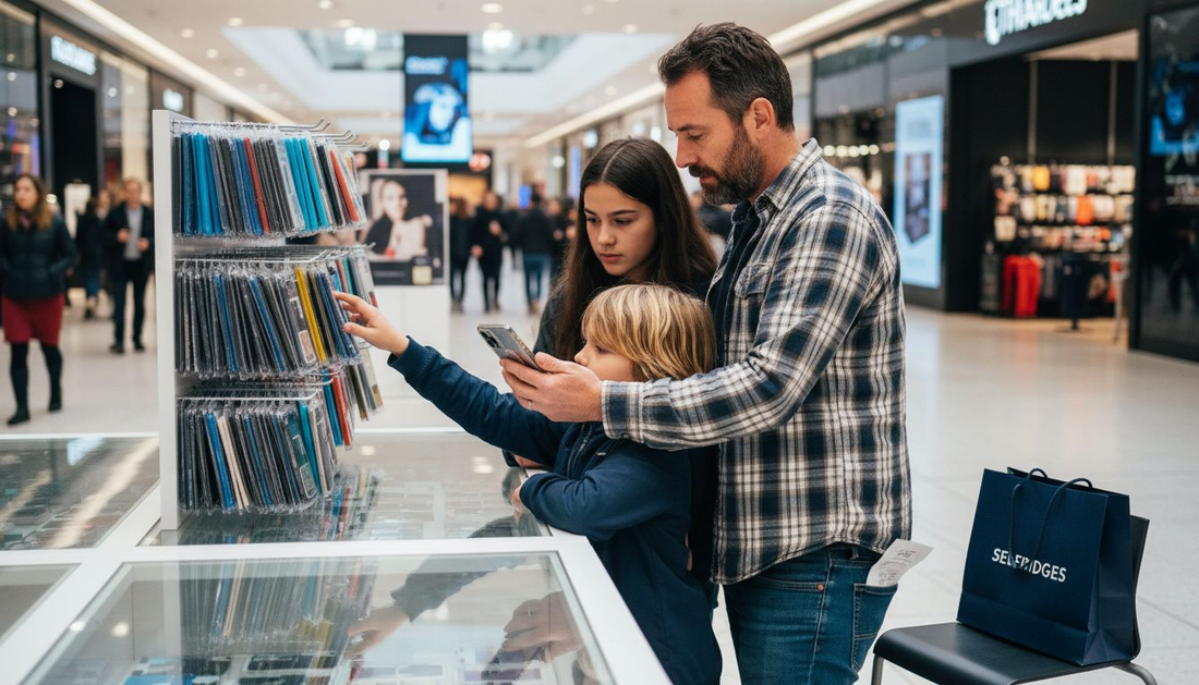 Family selecting phone cases at mall kiosk