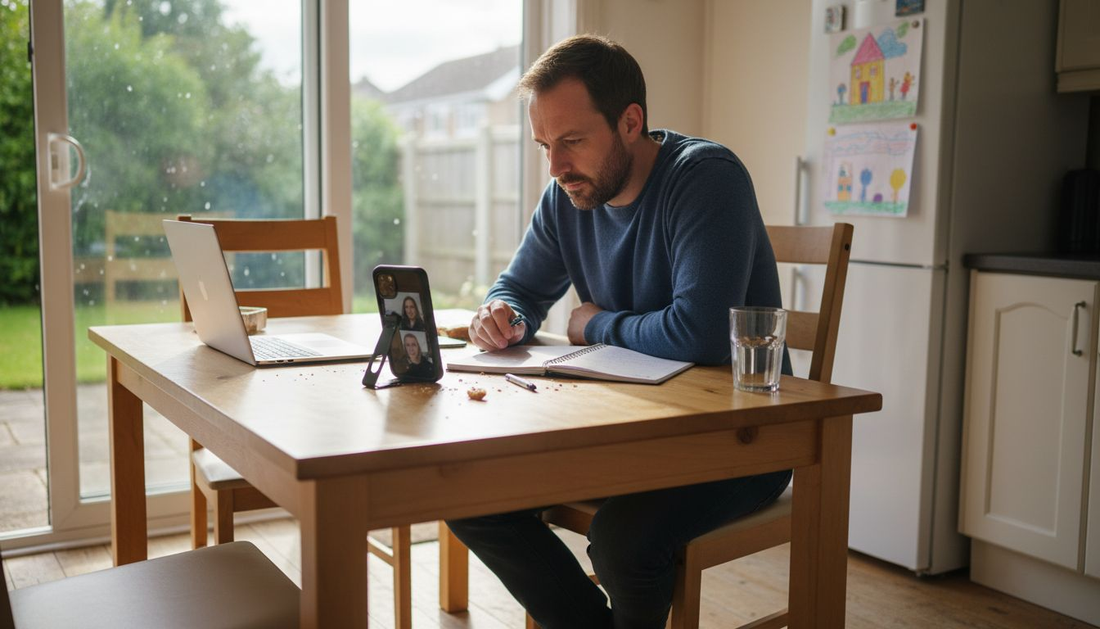 Man multitasks at kitchen table with phone stand