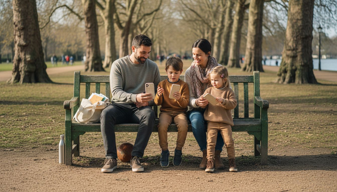 Family handing out eco-friendly phone cases in park