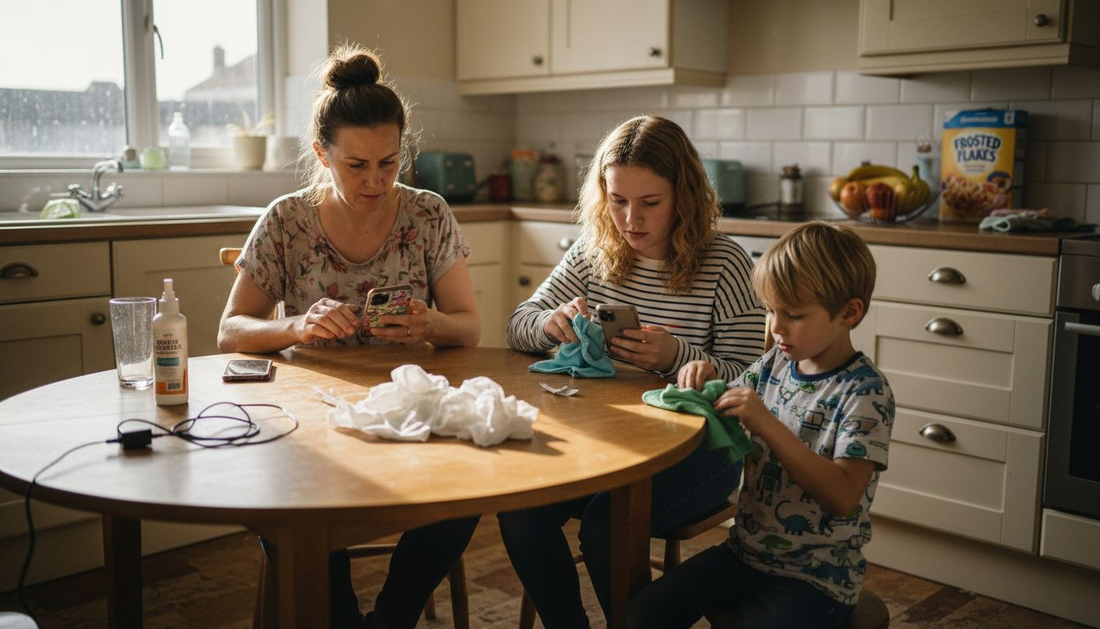 Family cleaning phone cases at kitchen table