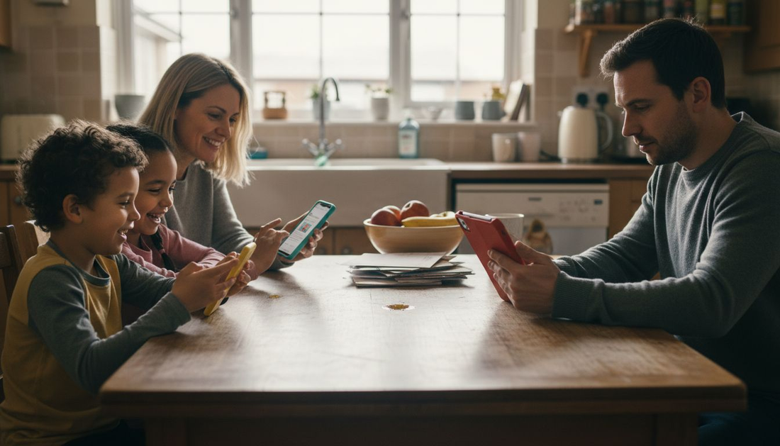 Family using devices with UK-made phone cases