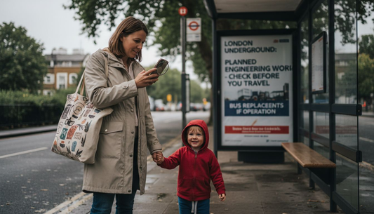 UK parent checking phone camera at bus stop