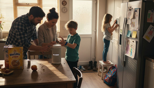 Family uses smart accessories in kitchen
