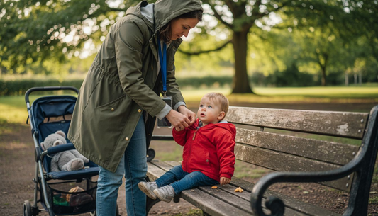 Parent helping child with phone on lanyard