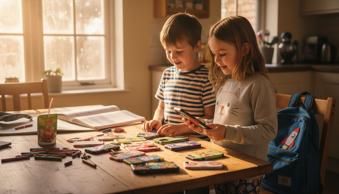Kids choosing colorful phone cases at kitchen table