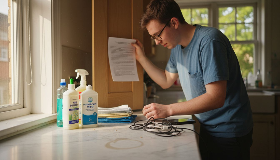 Cleaning accessories arranged on kitchen counter