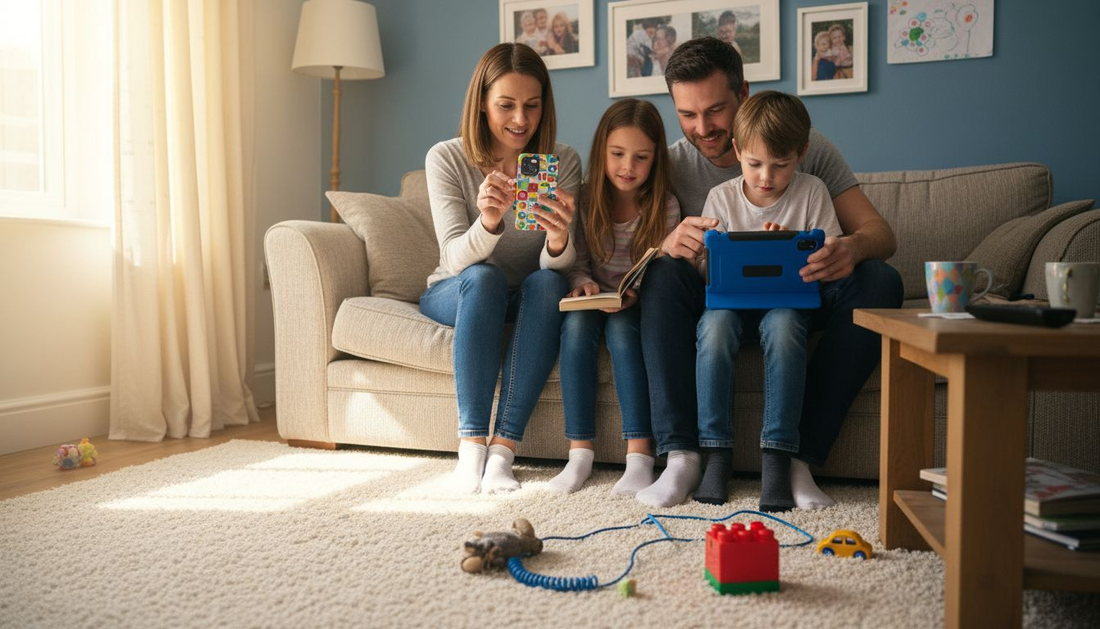 Family adding accessories to mobile devices on sofa