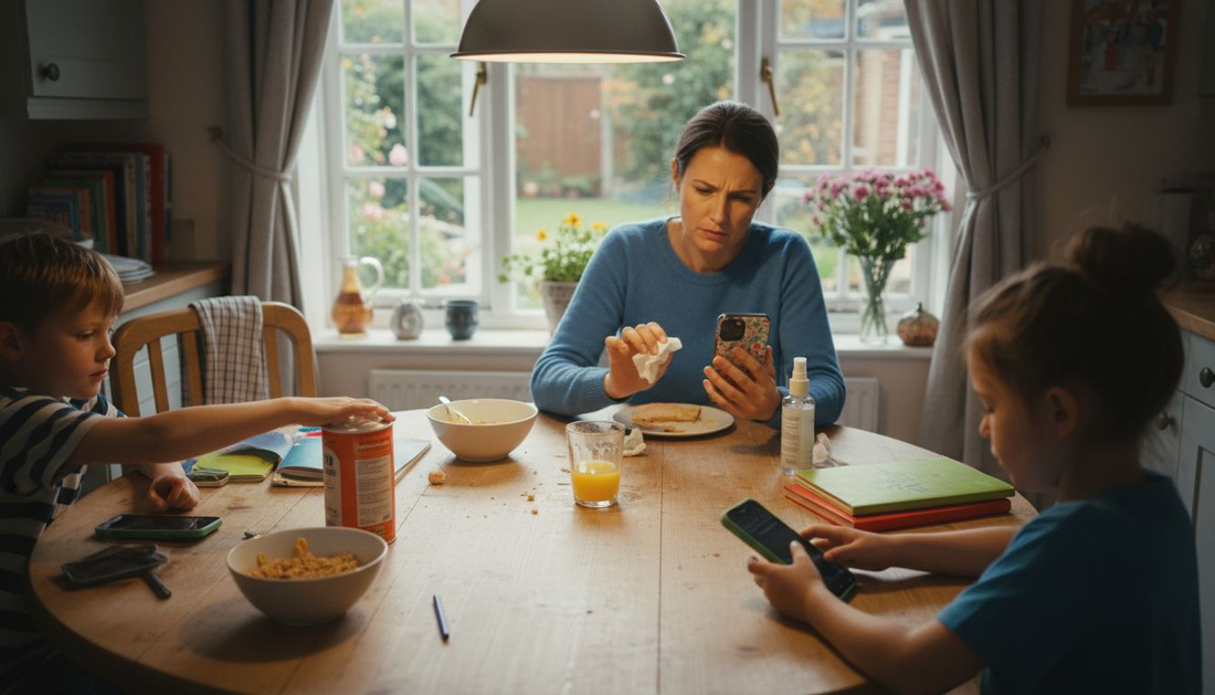 Family cleaning phones together at kitchen table