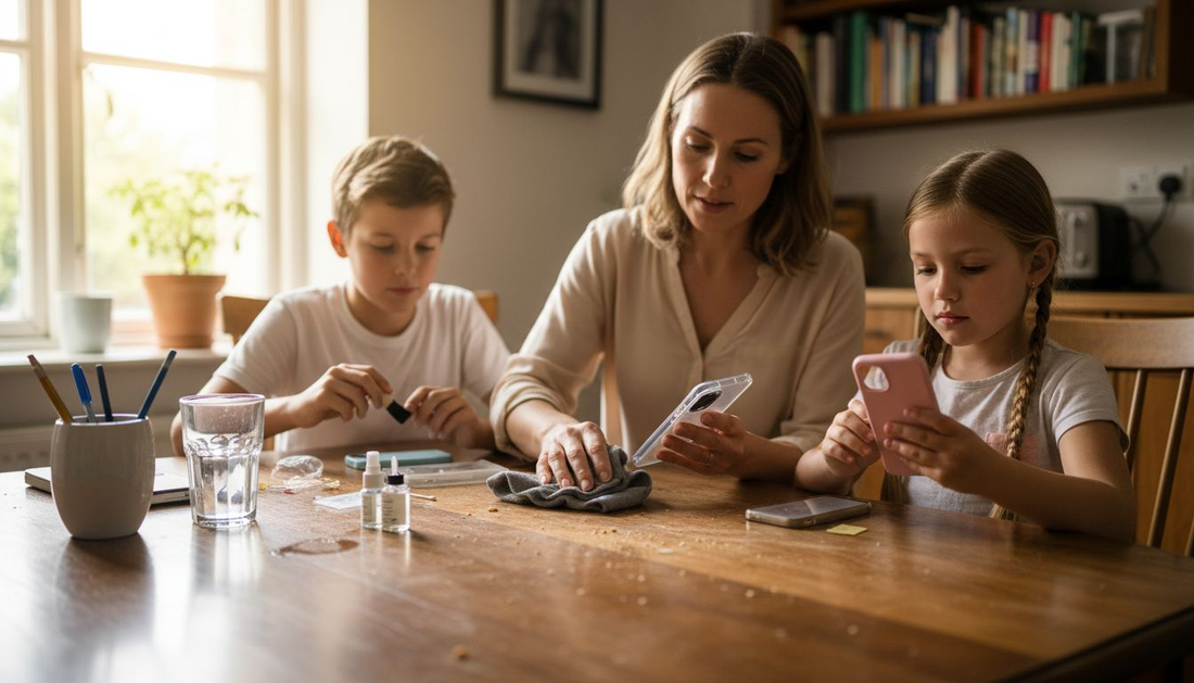 Family cleaning phone cases at kitchen table