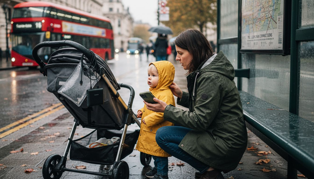 London parent with mobile accessories at rainy bus stop