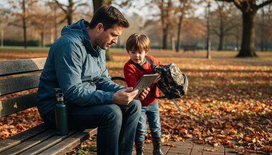 Parent inspects child’s tablet on park bench