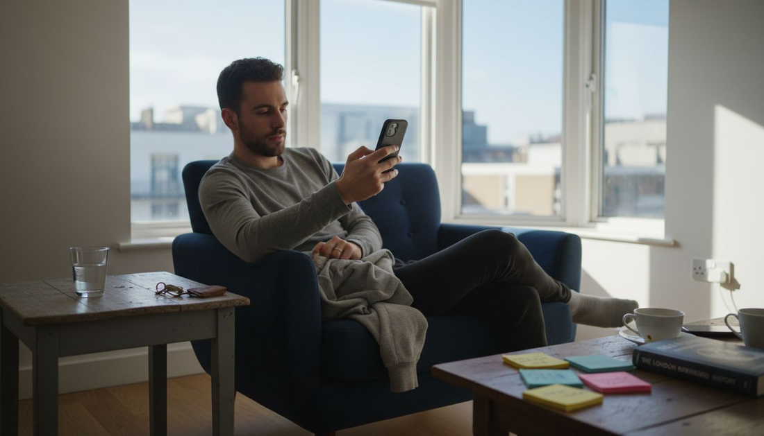 Man using ergonomic phone case in corner apartment
