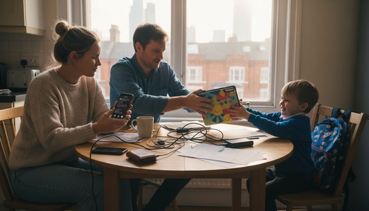 Parents using tech accessories in London kitchen